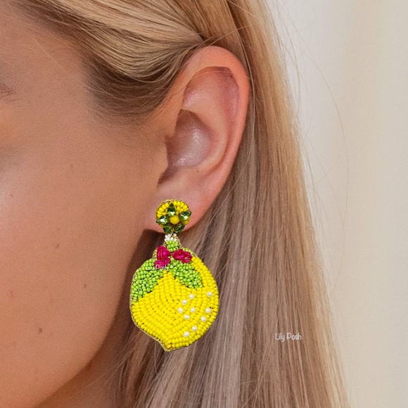 Lemon Stud Earring, Seed Bead Fruit Earring, Summer Tropical Beach Vacation - Picture 2 of 2